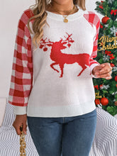 Reindeer Plaid Round Neck Long Sleeve Sweater OutfitFlow